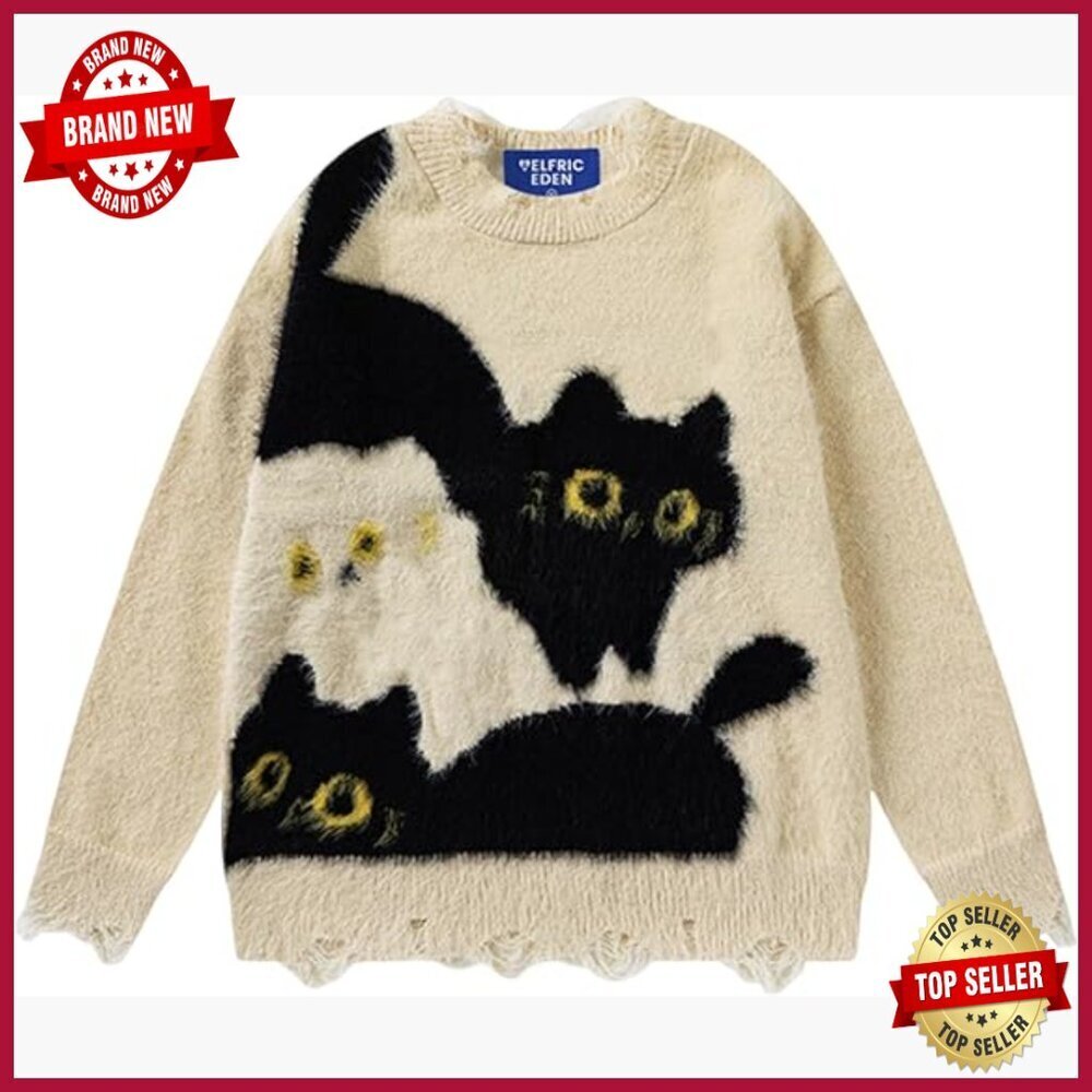 Oversized Pullover Sweater Cat Graphic Color Block Loose Fit Knit Top